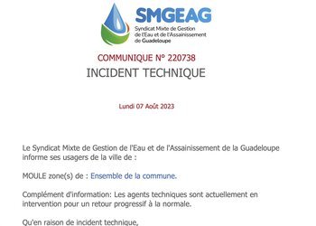 Communiqué | SMGEAG | 07 août 2023 | Ville de Le MOULE | incident technique impactant le territoire de la Ville du Moule