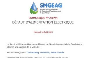 Communiqué | SMGEAG | 16 août 2023 | Ville de Le MOULE | Incident technique impactant la distribution de l'eau dans les secteurs suivants : Duchassaing, Lemercier, Petite Guinée