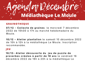 Agenda de la Médiathèque Le Moule pour le mois de décembre 2022 
